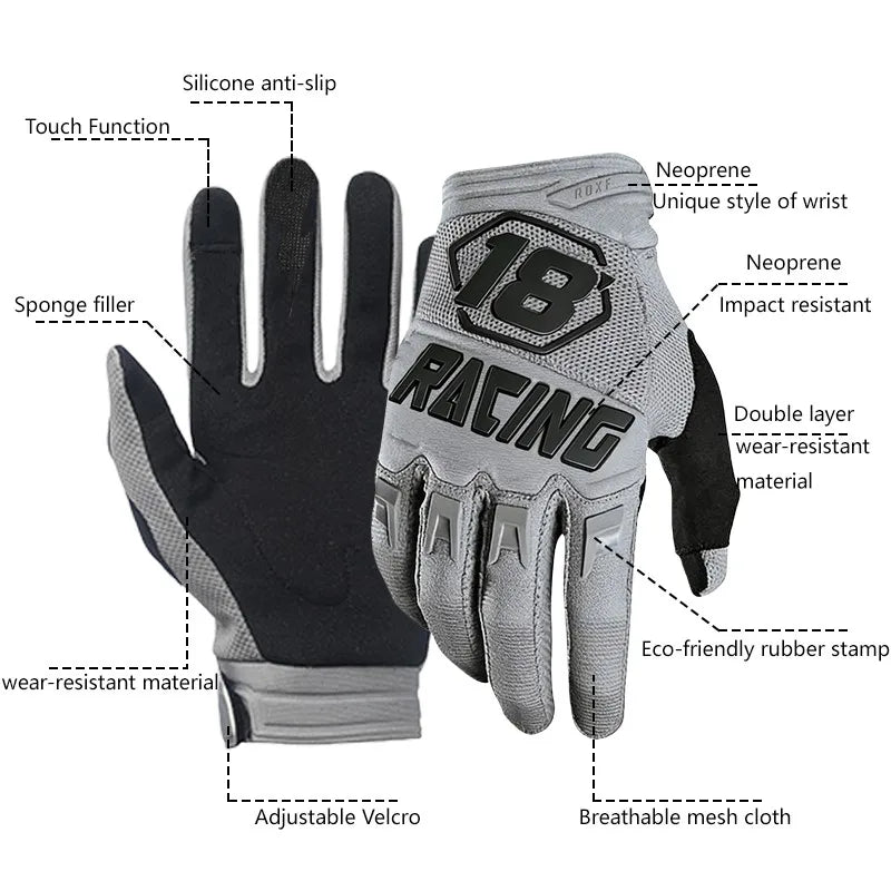 Gray cycling gloves featuring silicone anti-slip, sponge filler, neoprene, and adjustable velcro for grip and protection.