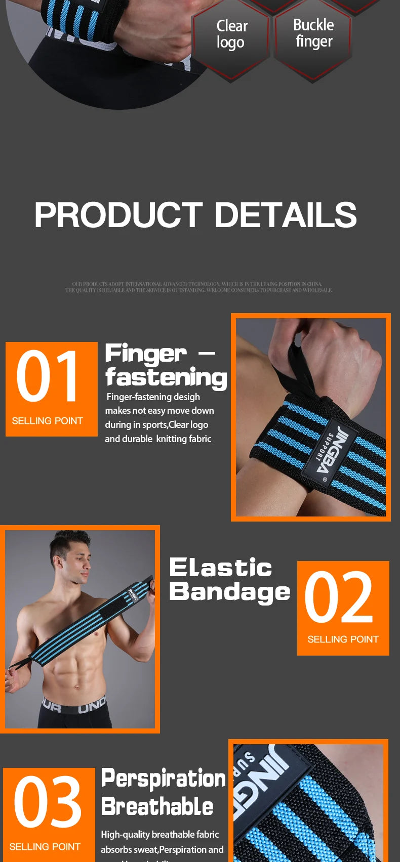 Nahaufnahme einer Extra-Stärke-Handgelenkbandage mit Fingerverschluss, elastischer Binde und atmungsaktiven Stoffdetails.