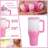 Pink insulated stainless steel water bottle with handle and flip straw shown in various uses.