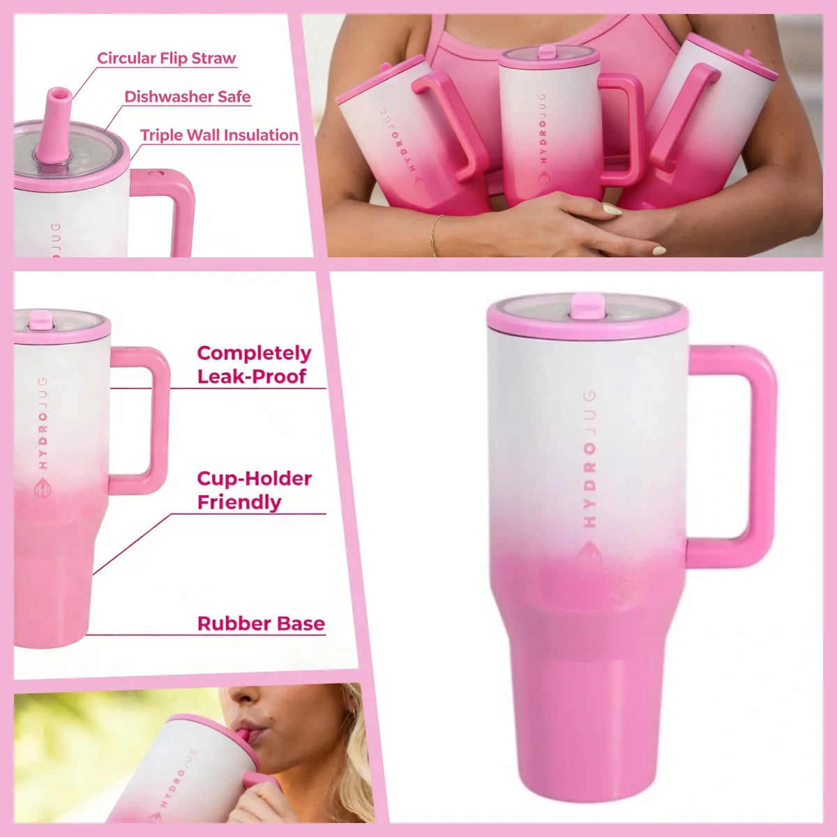 Pink insulated stainless steel water bottle with handle and flip straw shown in various uses.