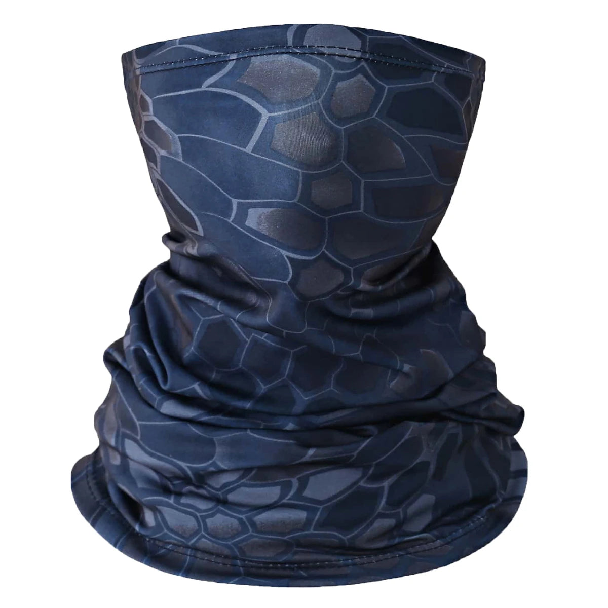 A dark blue multi-functional UV protection head wrap featuring a textured, scale-like pattern.