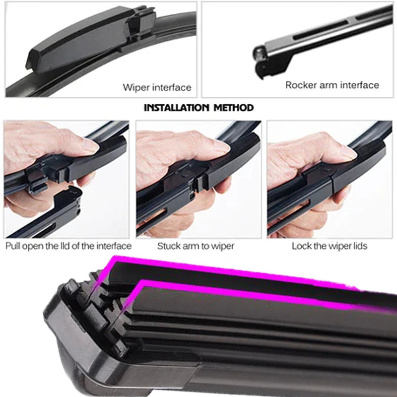 Installation method showing how to attach wiper arm interfaces and lock wiper lids onto a car windshield.