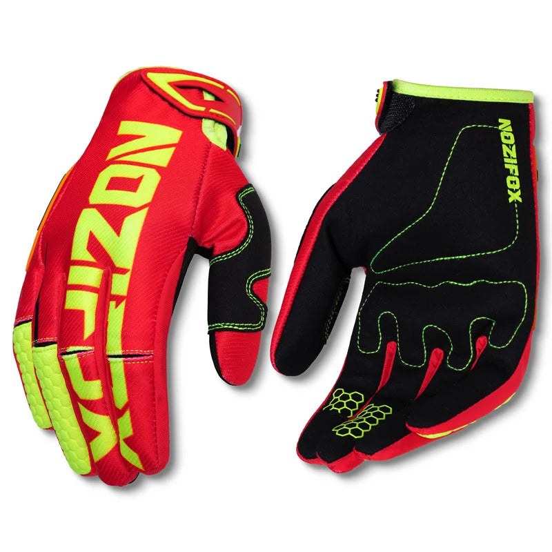A pair of red and black Nozifox full-finger motocross and off-road cycling gloves.