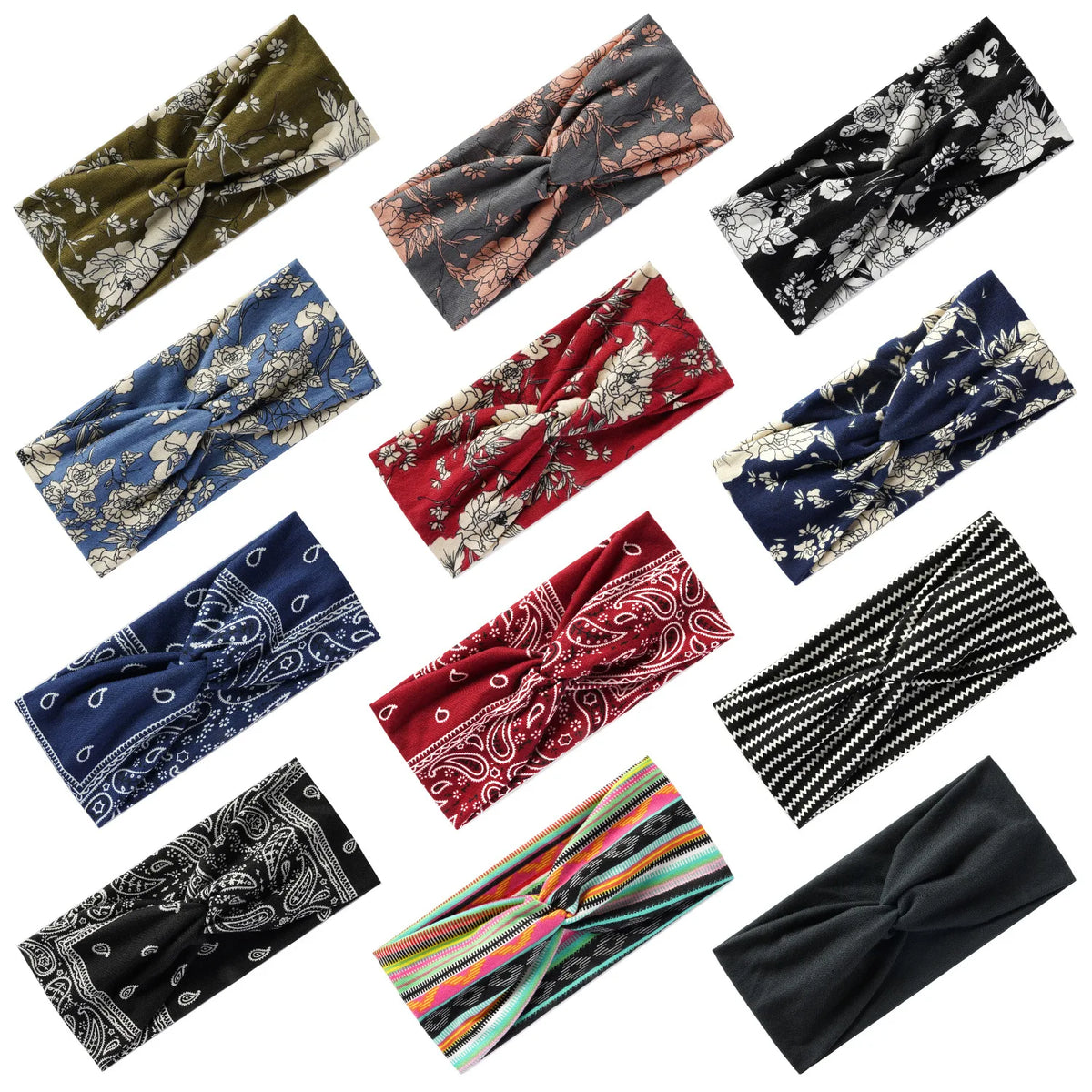 A collection of various patterned silk ties and scarves featuring bohemian vintage prints in floral and abstract designs.