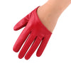 A close-up of a red PU leather finger glove worn on a hand.