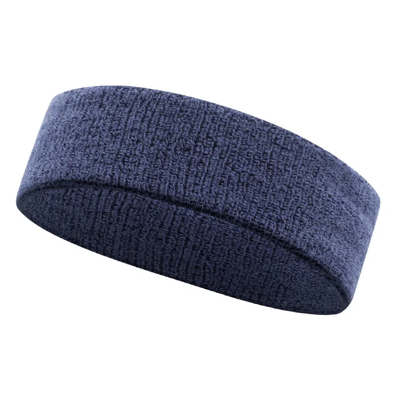 A dark blue moisture-wicking athletic headband shown from the side.