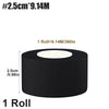 A roll of black athletic support tape measuring 2.5cm wide and 9.14 meters long.