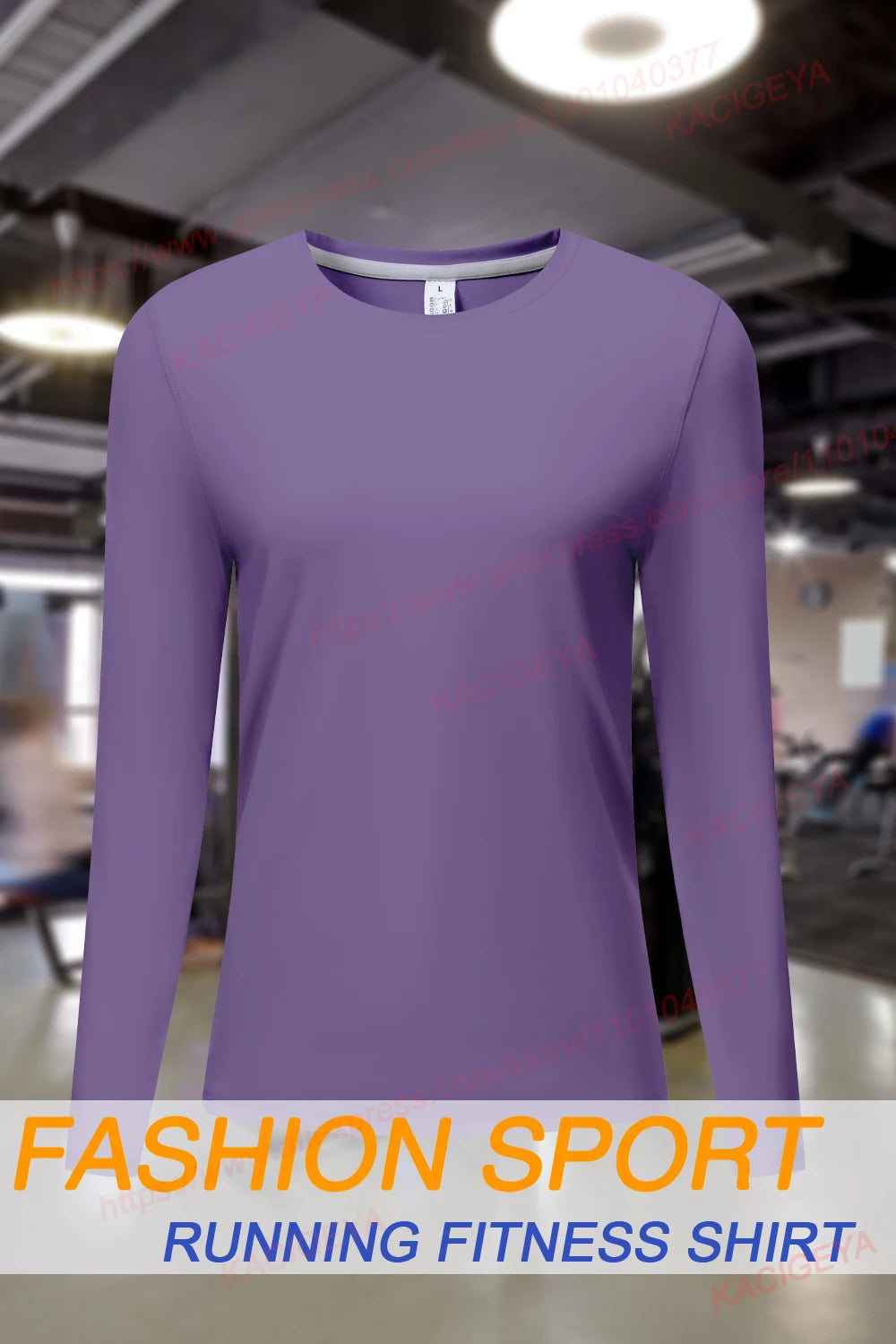 Camiseta de yoga y running de manga larga, ligera y transpirable de color morado mostrada en una modelo.