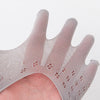 A close-up of a hand wearing a sheer, skin-toned silicone fingerless glove or sock.