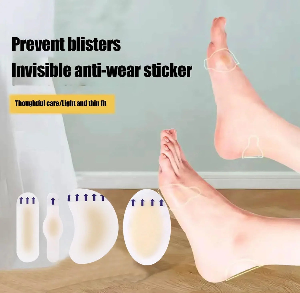 Invisible anti-wear sticker hydrocolloid blister gel pads applied to a foot for pain relief