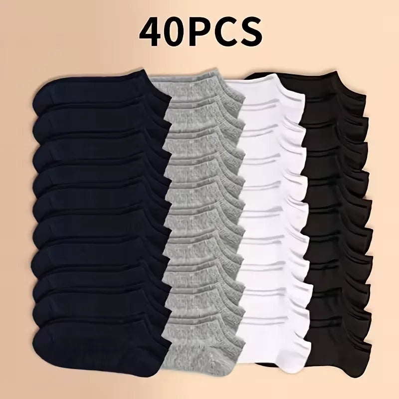 40 pairs of soft lightweight ankle socks in various colors including navy blue, gray, white, and black.