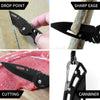 Close-up views of a black folding stainless steel survival knife demonstrating its drop point, sharp edge, cutting ability, a