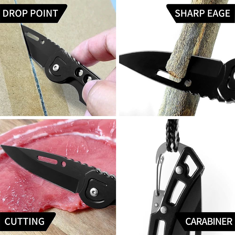 Close-up views of a black folding stainless steel survival knife demonstrating its drop point, sharp edge, cutting ability, a