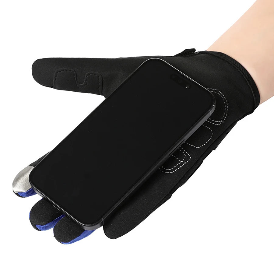 Black durable motorcycle riding gloves with a smartphone mounted on the palm