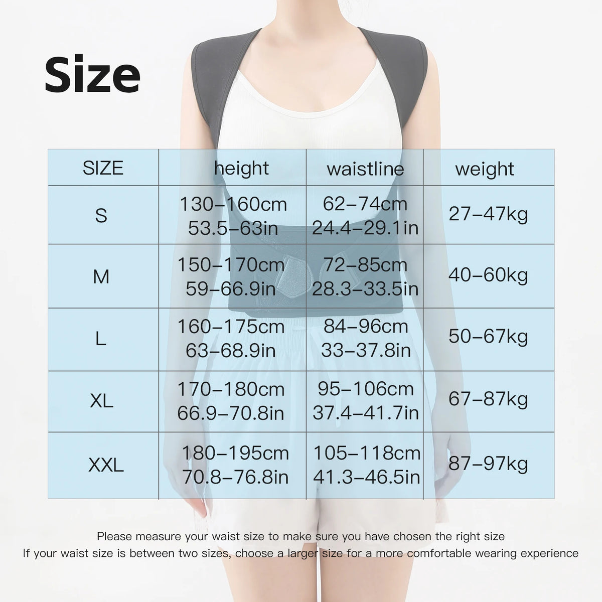 Size chart for an adjustable posture back brace support showing measurements for sizes S through XXL