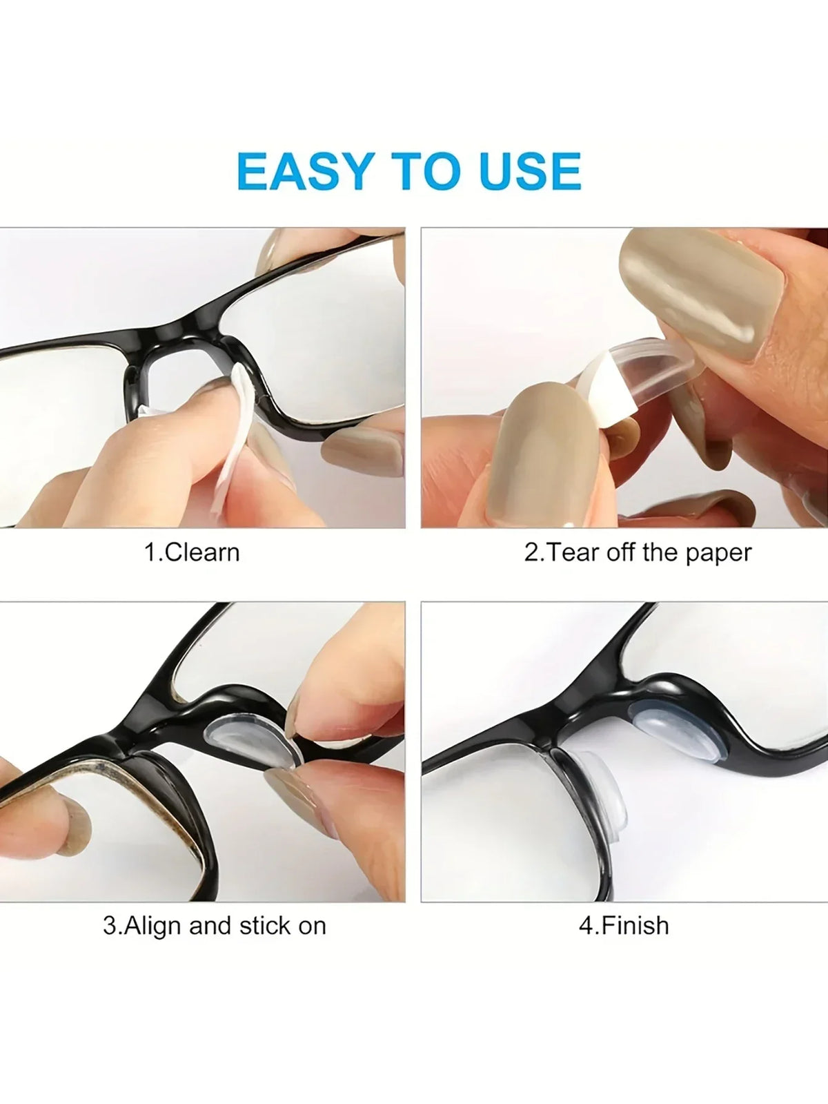 Step-by-step instructions showing how to use silicone anti-slip eyeglass nose pads for glasses.