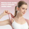 A woman demonstrates widening elastic shoulder straps on a white posture corrector back brace for shoulder support.