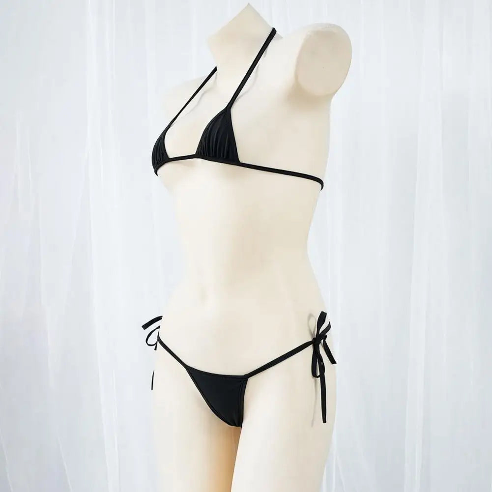 Black halter neck two-piece triangle bikini set displayed on a mannequin against a white background