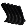 A row of black knee-high sports socks laid out flat.