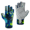 A pair of blue and green fingerless sun gloves for outdoor activities, shown in a hand and glove form.