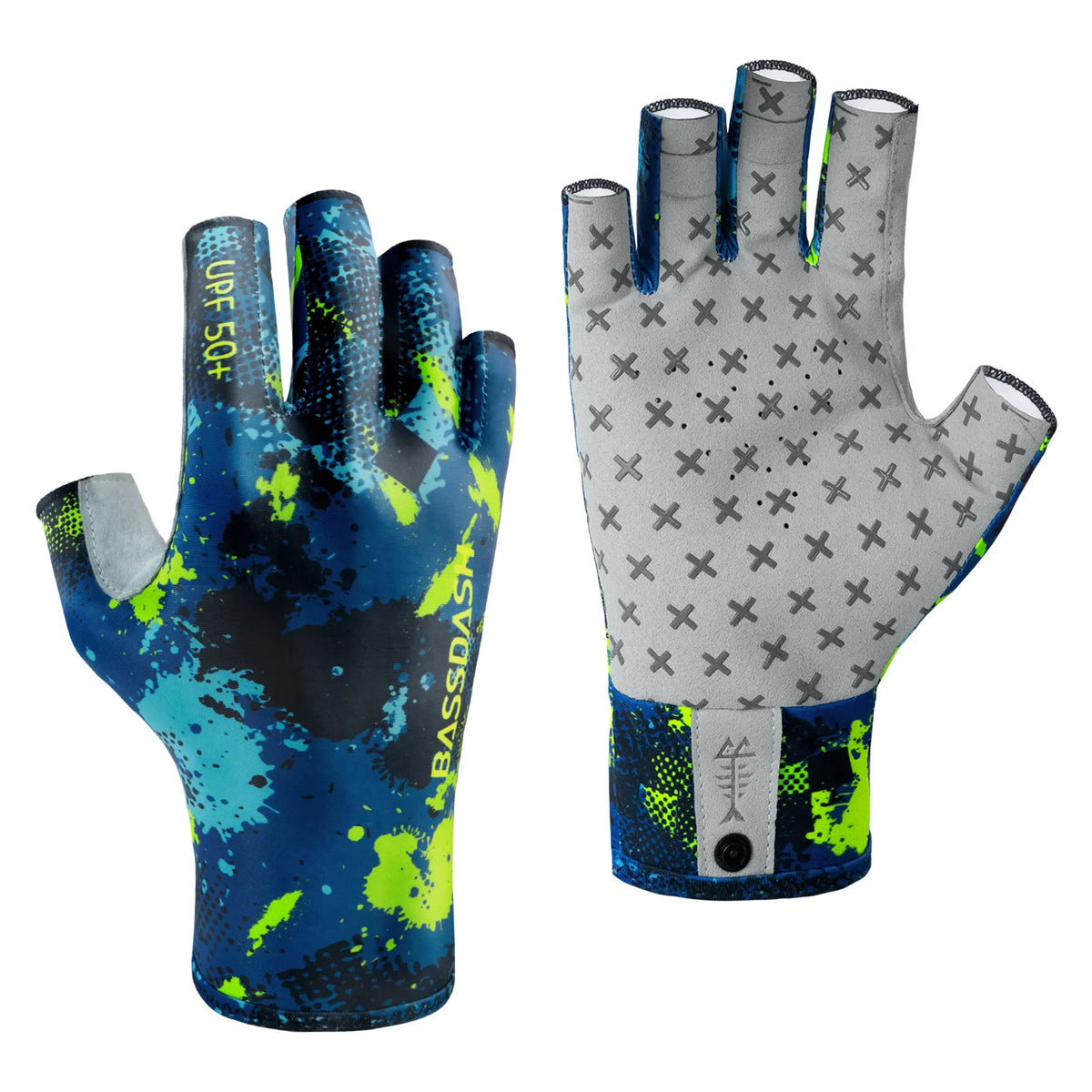 A pair of blue and green fingerless sun gloves for outdoor activities, shown in a hand and glove form.