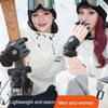Two women wearing white winter jackets and goggles are shown holding insulated touchscreen windproof winter gloves.