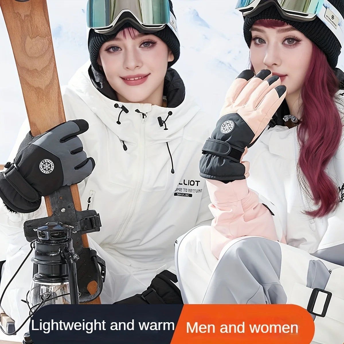 Two women wearing white winter jackets and goggles are shown holding insulated touchscreen windproof winter gloves.