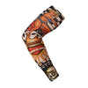 A black and white patterned arm sleeve featuring a stylized sun motif and skull design.