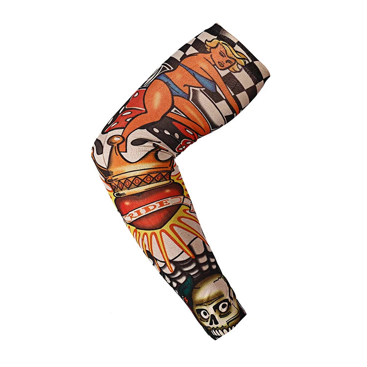 A black and white patterned arm sleeve featuring a stylized sun motif and skull design.