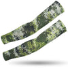 A pair of tactical camouflage arm sleeves featuring a digital pattern in green and black.