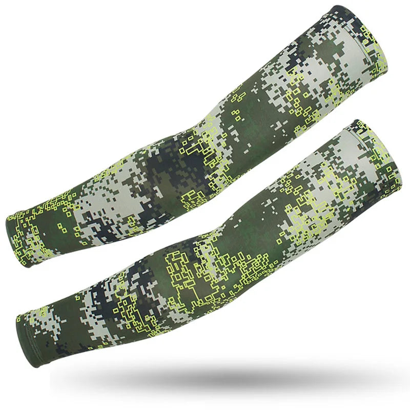 A pair of tactical camouflage arm sleeves featuring a digital pattern in green and black.