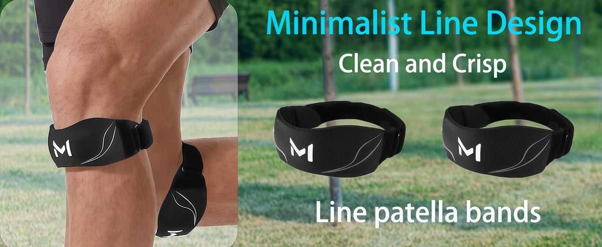 Black minimalist line design patella bands for knee support shown on a person's leg.