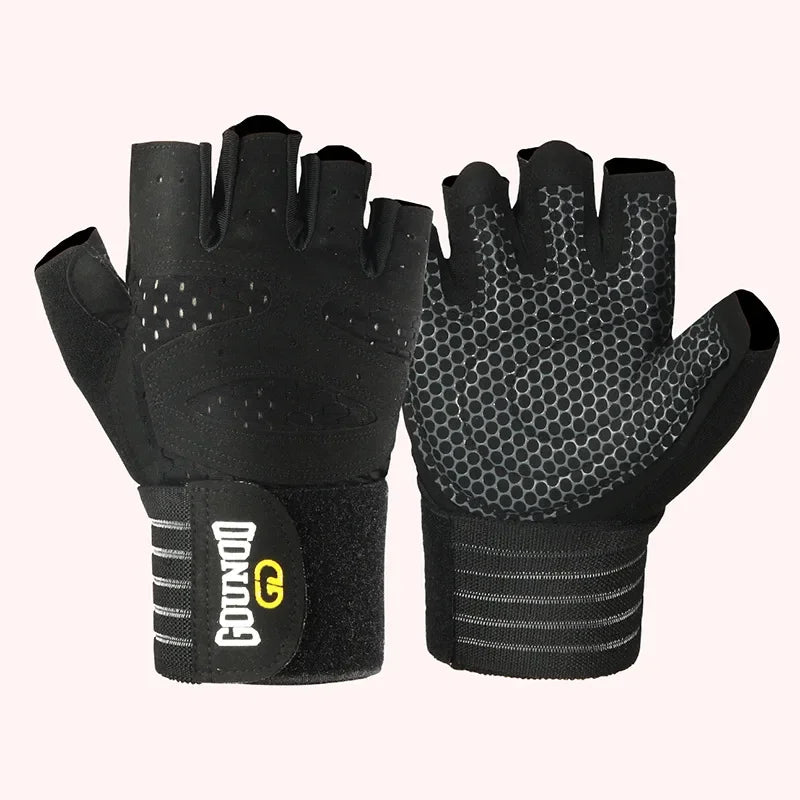 A pair of black weightlifting hand protection gloves with a textured grip and a yellow logo.
