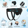 Black inguinal hernia support belt with adjustable waist, compression pads, and breathable fabric.