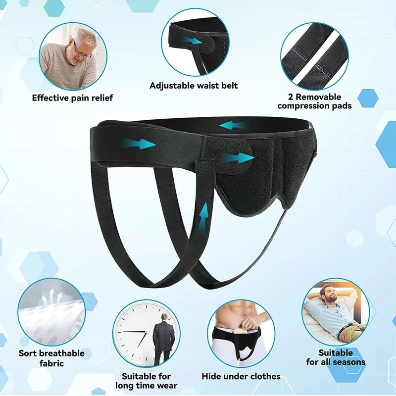 Black inguinal hernia support belt with adjustable waist, compression pads, and breathable fabric.