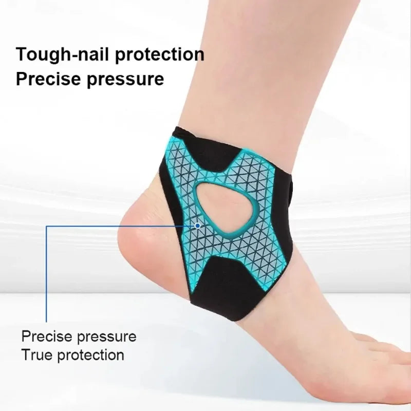 Black ankle support brace with a mesh pattern providing tough-nail protection and precise pressure for joint stability.