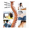 A close-up view of a self-heating neck support brace, showing various components and its application on a person's neck.