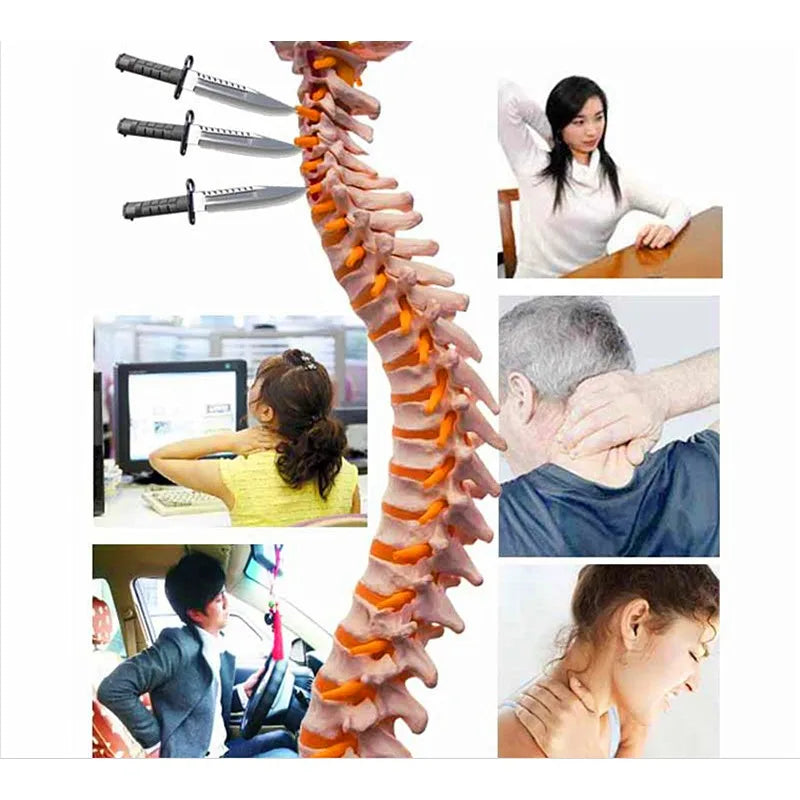 A close-up view of a self-heating neck support brace, showing various components and its application on a person's neck.
