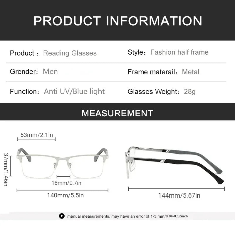 A pair of black metal frame reading glasses shown with measurements and style details.