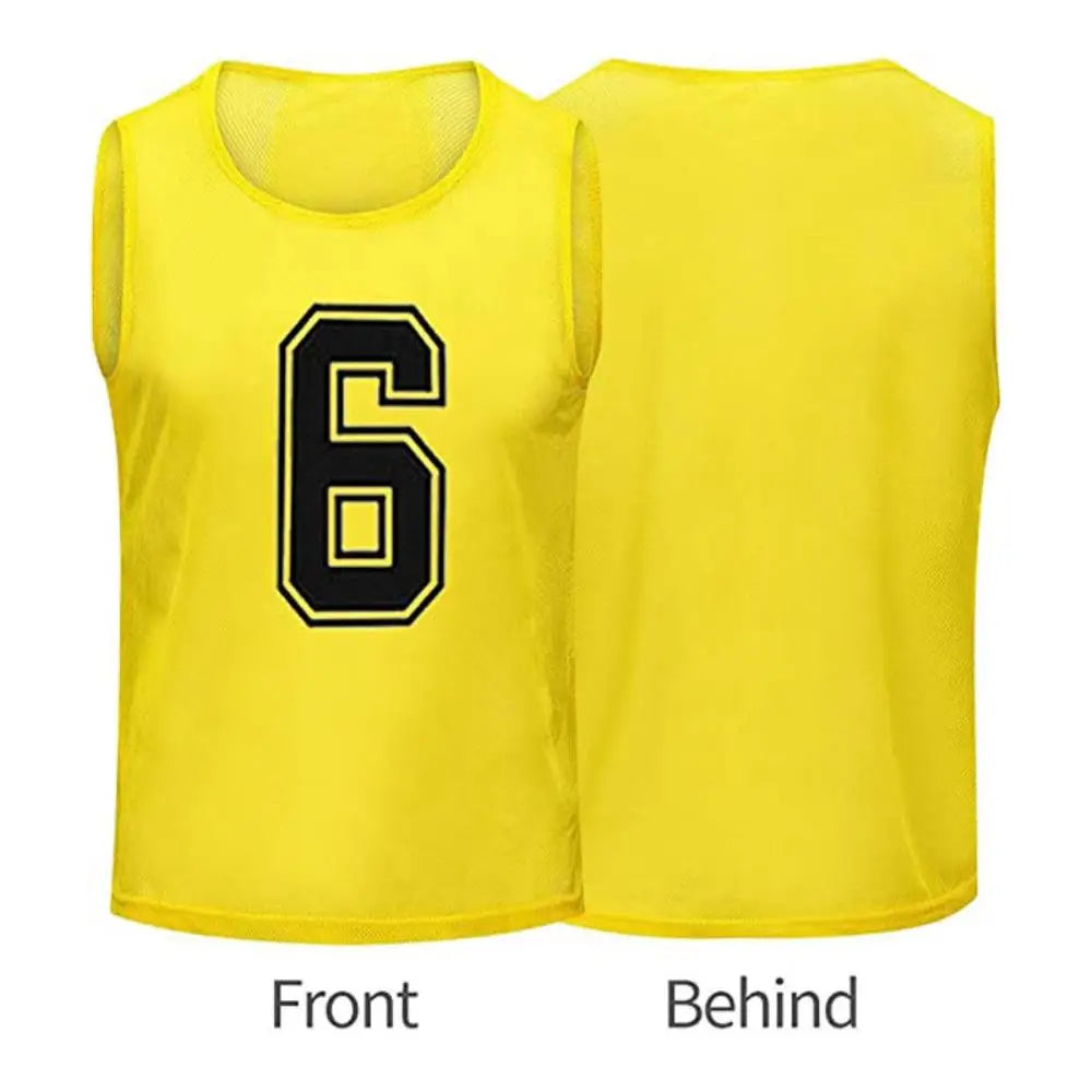 Front and behind views of a bright yellow soccer training vest with the number 6 printed on it