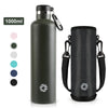 A black 1000ml stainless steel insulated thermos bottle and a matching black insulated cylinder with a strap.