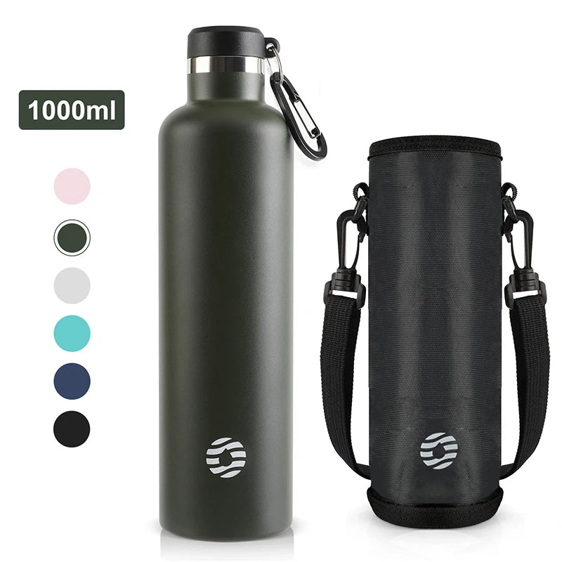A black 1000ml stainless steel insulated thermos bottle and a matching black insulated cylinder with a strap.