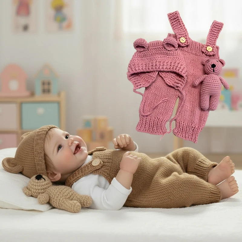 Neugeborenes Baby liegt auf einer weißen Oberfläche neben einem rosa handgewebten Teddytier Fotoprodukt.