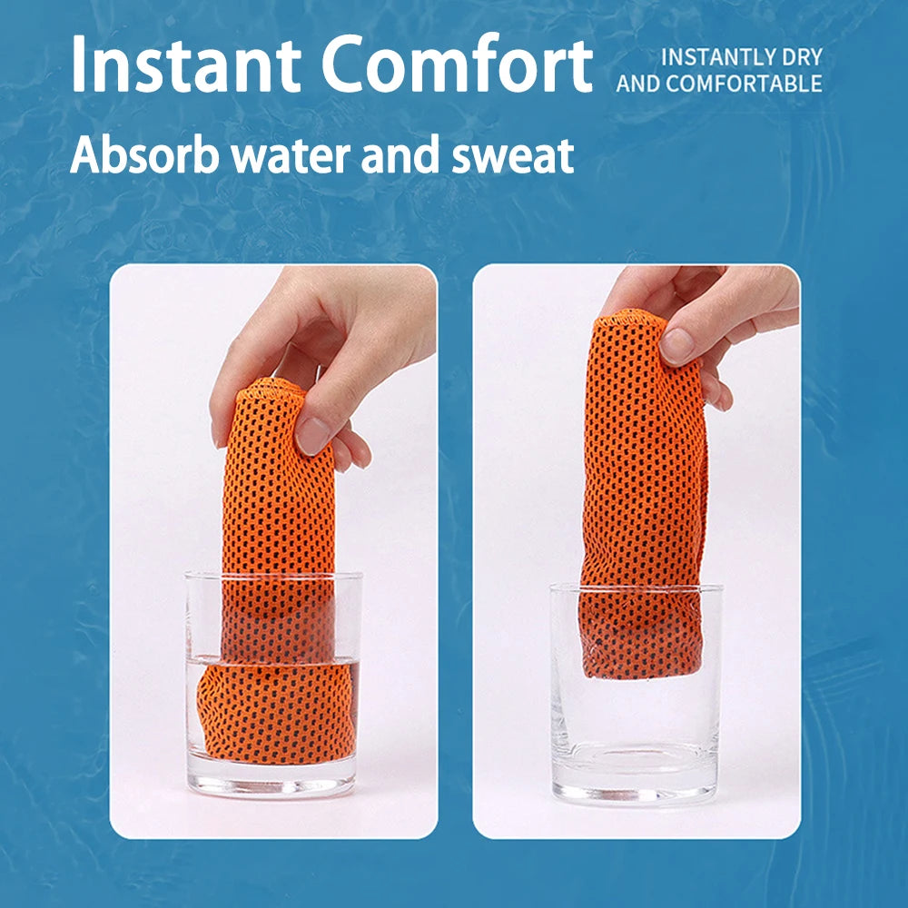 Oranges ultraabsorbierende Mikrofaser-Sporthandtuch saugt Wasser in einem Glas auf.