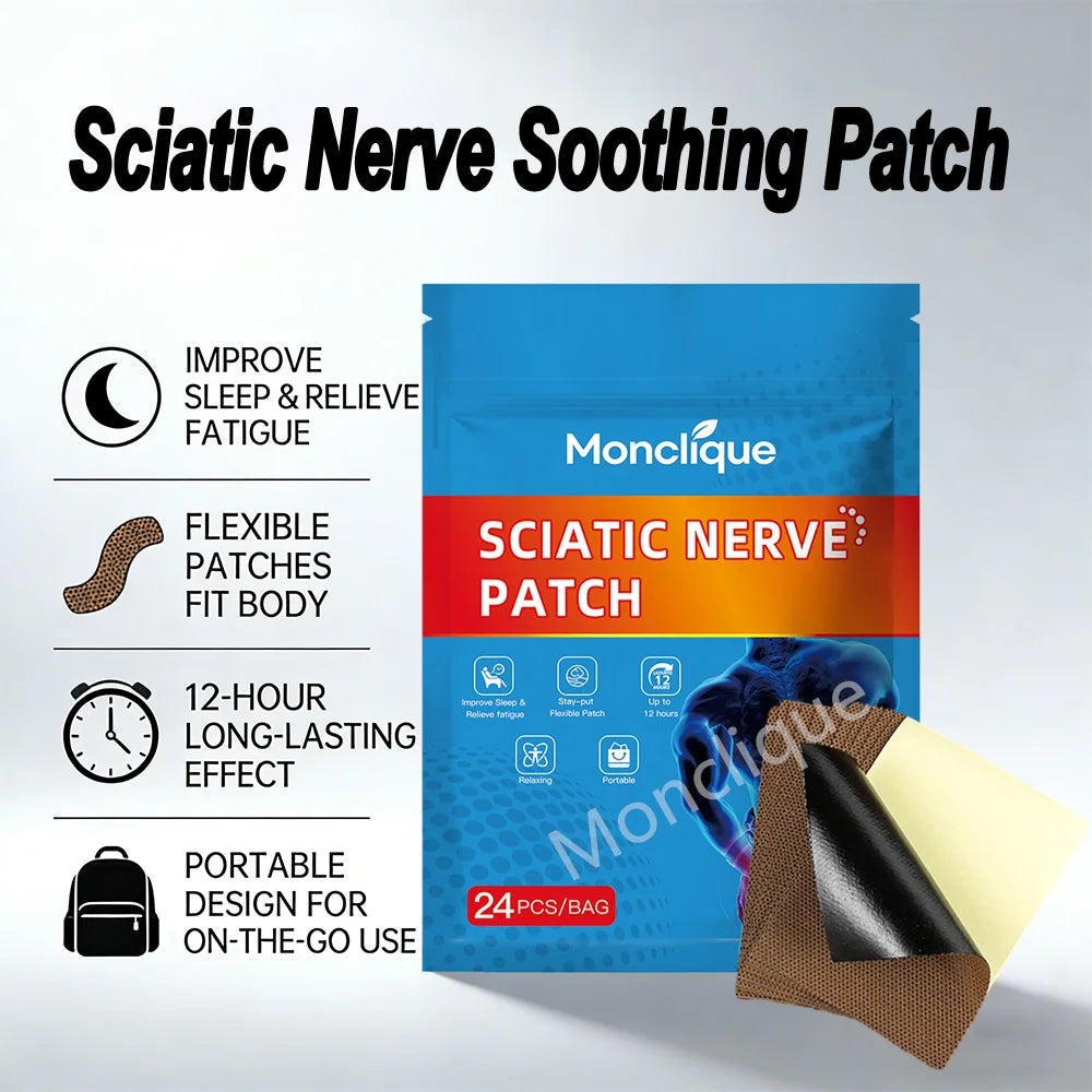 A package of Sciatic Nerve Soothing Patch, a blue pouch with red and white text, is shown next to a rolled-up patch.