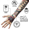 Arm mit Tattoo, Icons zeigen latexfrei, leuchtende Farben, effektive Barriere, wasserdicht, atmungsaktiv und
