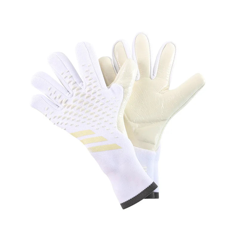 A pair of white and beige thickened latex goalkeeper gloves for soccer.