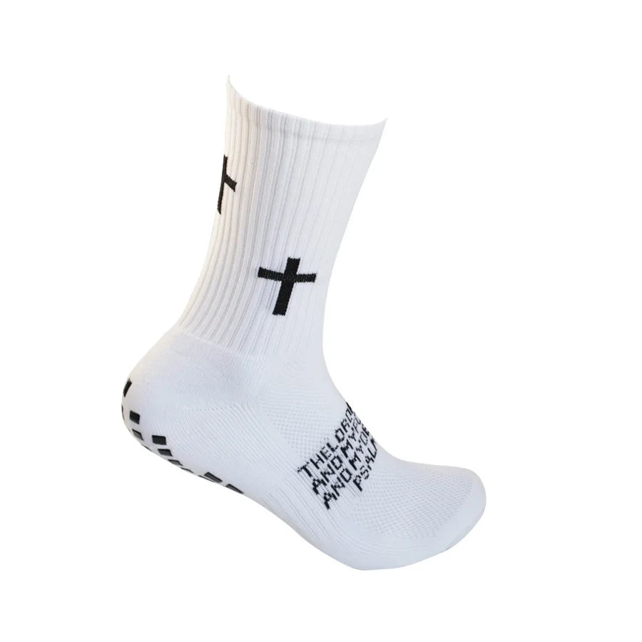White athletic socks with a black cross design shown against a white background.