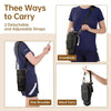 Three ways to carry a detachable strap water bottle carrier bag in black on a person's torso and hand.