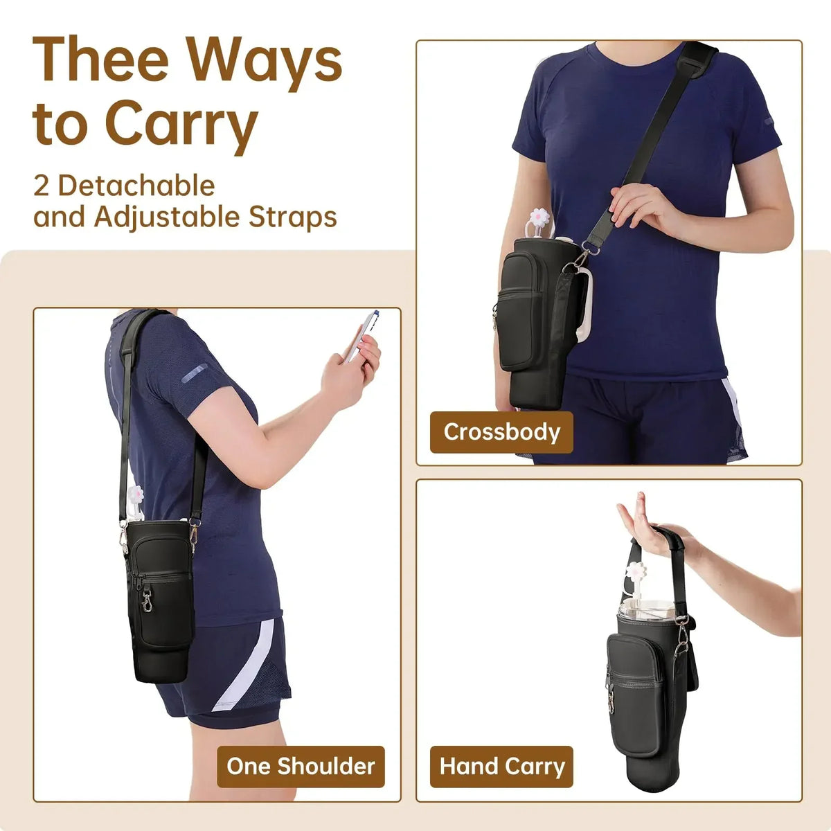 Three ways to carry a detachable strap water bottle carrier bag in black on a person's torso and hand.